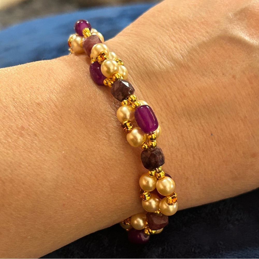 Handcrafted elegant glam twist faceted amethyst Czech glass pearl bracelet
